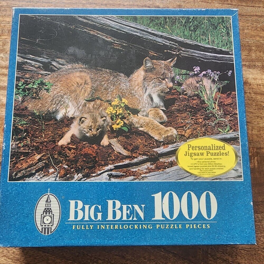 Milton Bradley Big Ben Lynx Mother And Kittens 1000 Piece Blue Jigsaw Puzzle